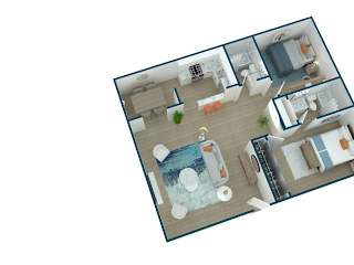 A top-down view of a house with a kitchen, living room, and bathroom.