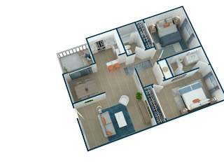 A top-down view of a house layout with a kitchen, living room, and bedrooms.