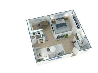 A 3D floor plan of a small apartment with a bedroom, living room, and kitchen.