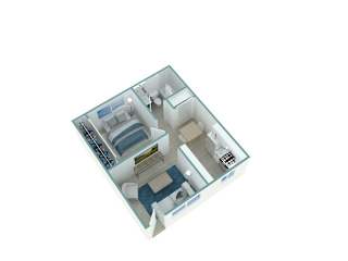 A 3D image of a small apartment layout.