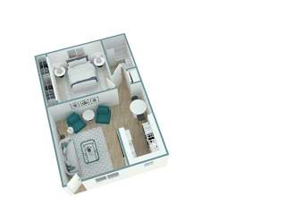 A 3D model of a house layout with a kitchen, living room, and bathroom.