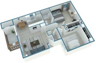 A 3D floor plan of a house with a kitchen, living room, and bedrooms.