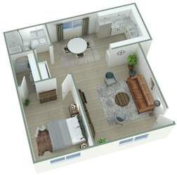A 3D floor plan of a house with a kitchen, living room, and bathroom.