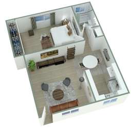 A 3D floor plan of a small apartment with a living room, kitchen, and bathroom.