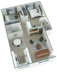 A 3D floor plan of a house with a living room, kitchen, dining room, and bedrooms.