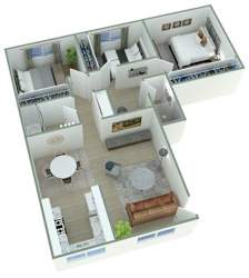 A 3D floor plan of a house with a living room, kitchen, and bathroom.