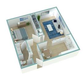 A 3D floor plan of a house with a living room, kitchen, dining room, and bedrooms.