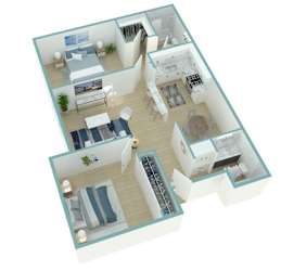 A 3D floor plan of a house with multiple rooms.