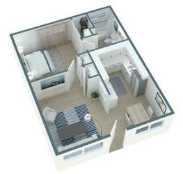 A 3D floor plan of a small apartment with a bedroom, living room, kitchen, and bathroom.