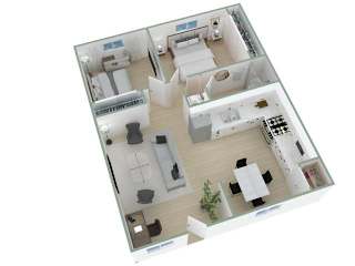 A 3D floor plan of a house with multiple rooms and furniture.