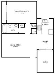 A floor plan of a small apartment with a master bedroom, living room, kitchen, dining room, and patio.