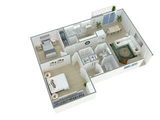 A 3D floor plan of a house with a living room, kitchen, and two bedrooms.