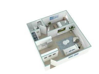 A 3D image of a modern apartment with a kitchen, living room, and bathroom.