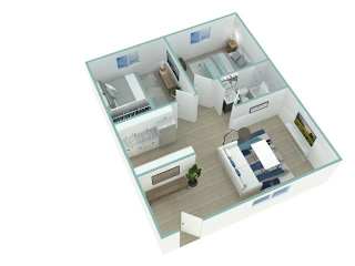 A 3D floor plan of a house with a kitchen, living room, and bedrooms.