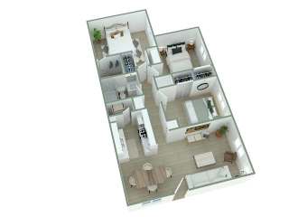 A top-down view of a house interior with a living room, kitchen, and bedrooms.
