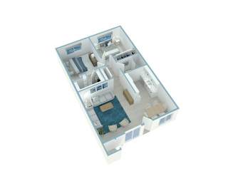 A 3D model of a house with a blue pool.