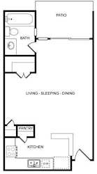 A floor plan of a house with a patio, bath, living/sleeping/dining area, pantry, and kitchen.