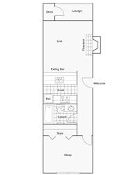 A floor plan of a house with a lounge, eating bar, kitchen, and sleeping area.