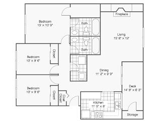 A floor plan of a house with three bedrooms, a living area, a dining area, a kitchen, a deck, a fireplace, and storage.