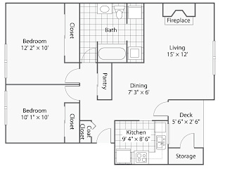 A floor plan of a small apartment with two bedrooms, a kitchen, and a living area.