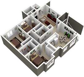 A 3D image of a house layout with multiple rooms.