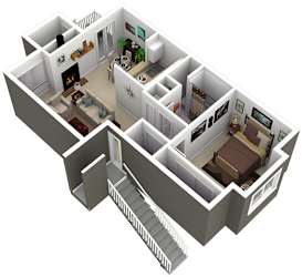 A 3D floor plan of a house with a staircase.