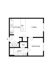 A floor plan of a small apartment with a kitchen, living room, bedroom, and bathroom.