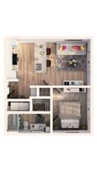 A collage of a small apartment with a kitchen, bathroom, and living room.