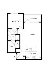 A floor plan of a small apartment with a bedroom, bathroom, kitchen, and living room.