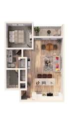 A dollhouse with a kitchen, living room, and bathroom.