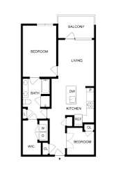 A black and white image of a floor plan for a two-bedroom apartment.