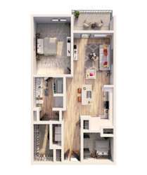 A 3D floor plan of a small apartment with a kitchen, living room, and bathroom.