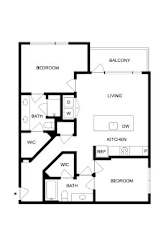 A floor plan of a house with a balcony, two bedrooms, a living room, a kitchen, a bathroom, and a WC.