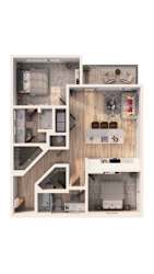 A floor plan of a house with a kitchen, living room, and two bedrooms.
