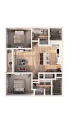 A floor plan of a house with a kitchen, living room, and two bedrooms.