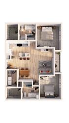 A floor plan of a house with a kitchen, living room, and bathroom.