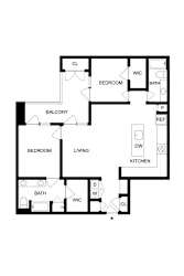 A black and white floor plan of a house with two bedrooms, a living room, a kitchen, a bathroom, and a balcony.
