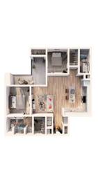 A floor plan of a house with a kitchen, living room, and two bedrooms.