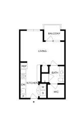 A floor plan of a house with a living room, kitchen, bathroom, and bedrooms.
