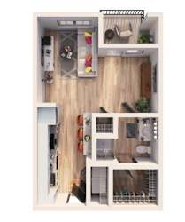 A series of images showing different views of a small apartment.
