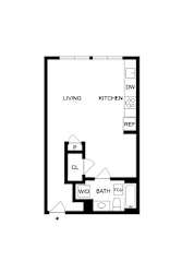 A floor plan of a small apartment with a living room, kitchen, bathroom, and laundry room.