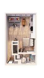 A dollhouse kitchen with a white fridge, wooden cabinets, and a white stove.