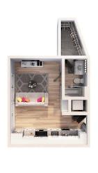 A dollhouse with a white exterior and interior, featuring a living room, kitchen, and staircase.