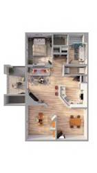 A dollhouse with a kitchen, living room, and dining area.