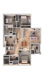 A dollhouse with a kitchen, living room, and bedroom.