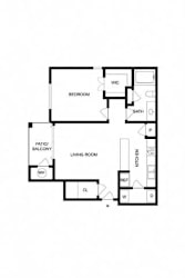 A black and white floor plan of a house with a living room, bedroom, bathroom, and kitchen.