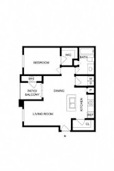 A floor plan of a house with a living room, dining room, kitchen, bedroom, and bathroom.