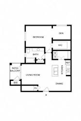 A floor plan of a house with a living room, dining room, kitchen, bathroom, and bedroom.