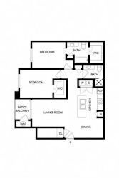 A black and white floor plan of a house with two bedrooms, a living room, a kitchen, a dining area, a bathroom, a patio, and a balcony.