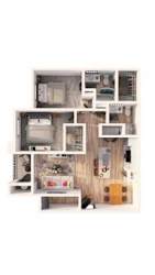 A dollhouse with multiple rooms and furniture.